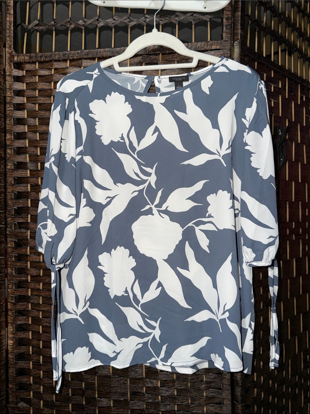 Ann Taylor Blue and White Floral Tie-Sleeve Blouse